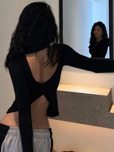 Sexy Long Sleeve Backless T Shirt Gothic Round-neck Skinny Women Crop Tops 2024 Autumn Fashion Black Tees Party Clubwear